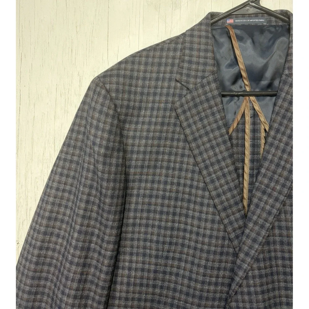 Mens Hart Schaffner Marx Sport Coat Jacket Size 48L Plaid Blue Brown USA Made
